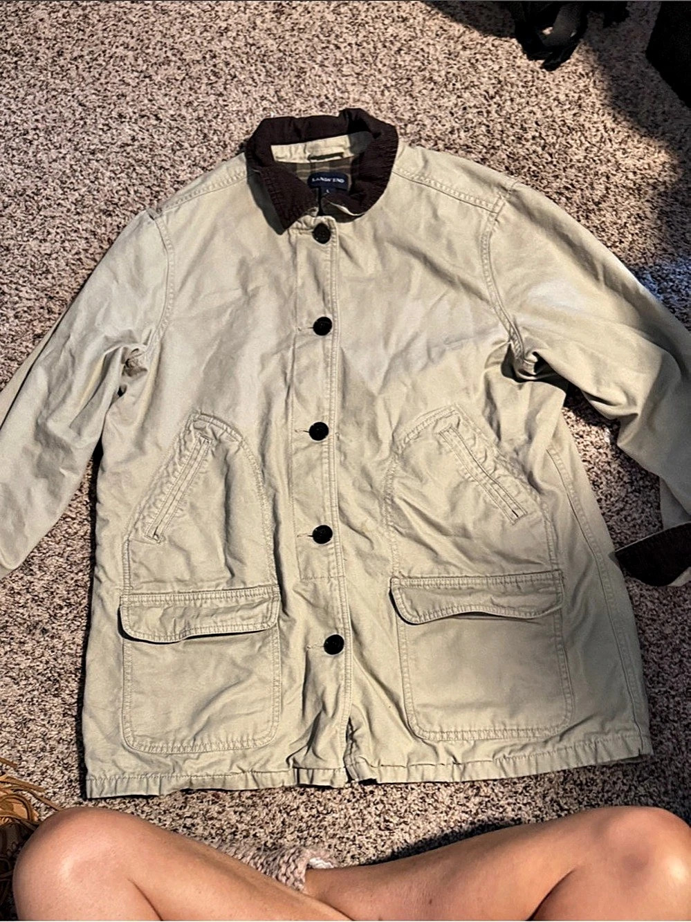 Lands' End Canvas Barn Coat Utility Jacket Beige & Brown Large